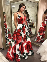 Load image into Gallery viewer, V Neck Floral Long Prom Dresses with Pockets