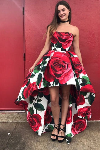 Strapless Hi Low Prom Dresses Rose Floral