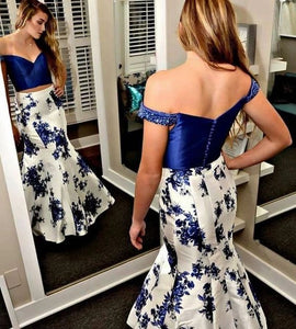 Two Piece Mermaid Prom Dresses Print Off the Shoulder