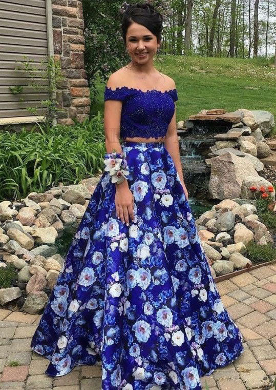 Two Piece Royal Blue Floral Prom Dresses Off the Shoulder