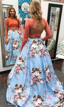 Charger l&#39;image dans la galerie, 2 Piece Floral Long Prom Dresses Evening Gown