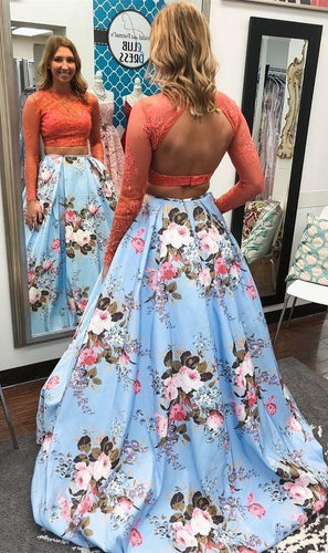 2 Piece Floral Long Prom Dresses Evening Gown
