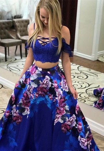 Two Piece Print Long Prom Dresses Off the Shoulder