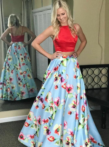 Two Piece Floral Prom Dresses Long Print