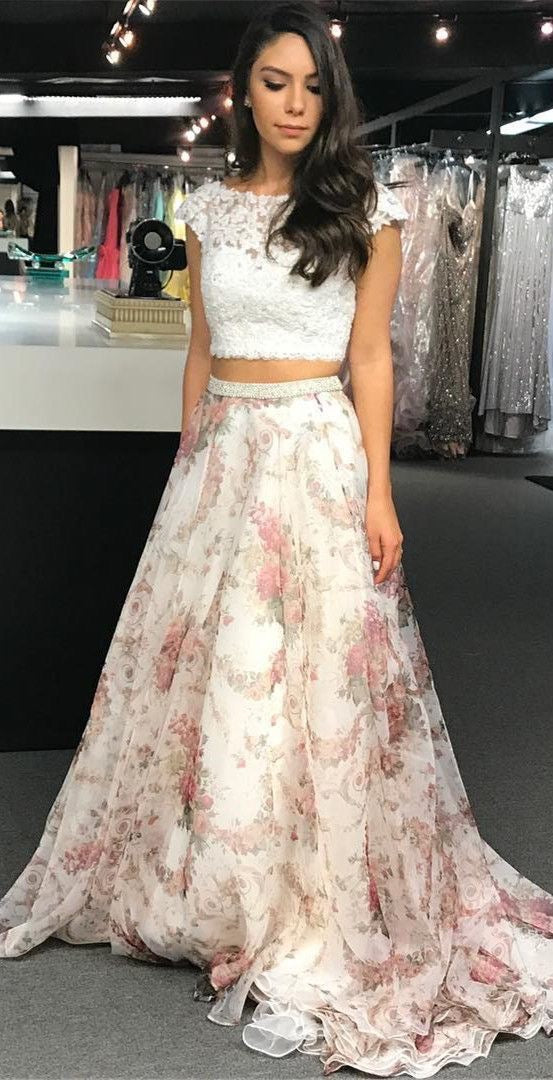 Two Piece Long Floral Prom Dresses Evening Gown