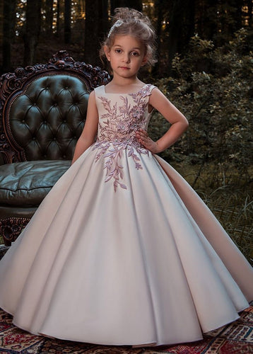 Cute Square Long Flower Girl Dresses Birthday Gown Pageant Dress with Appliques