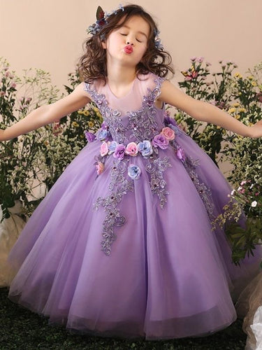 Lanvender Flower Girl Dresses Floor Length Birthday Dress with Flowers
