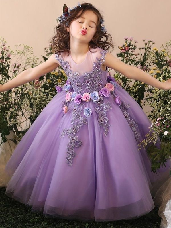 Lanvender Flower Girl Dresses Floor Length Birthday Dress with Flowers