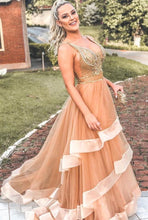 Load image into Gallery viewer, Elegant V Neck Long Prom Dresses with Beaded