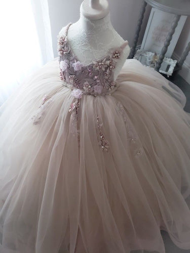 V Neck Tulle Flower Girl Dresses with 3D Flowers 1st Birthday Dress