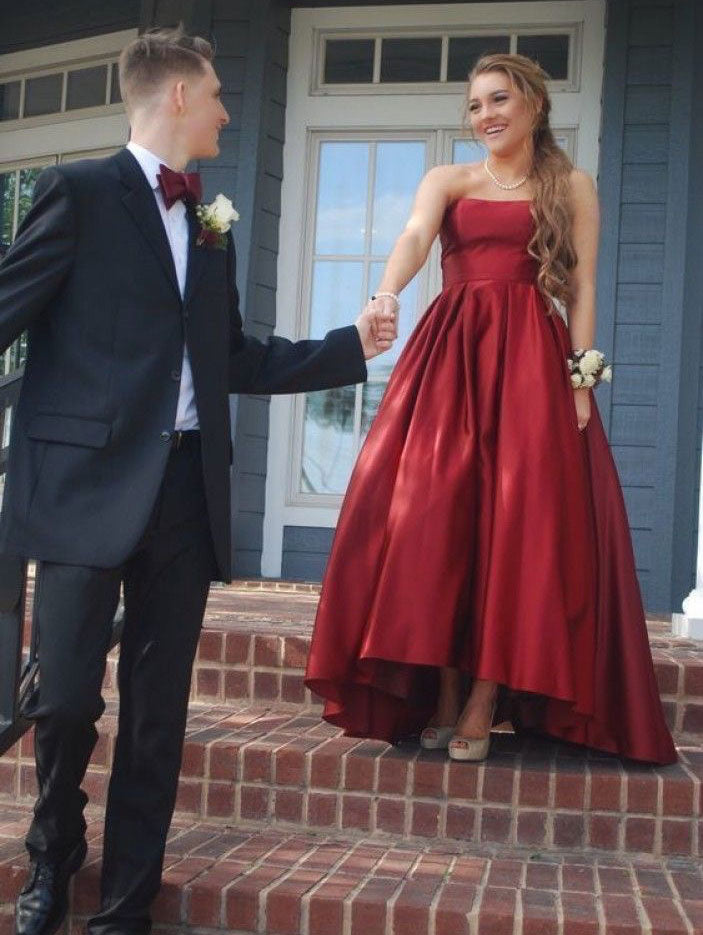 Strapless Burgundy Ankle Length Prom Dresses