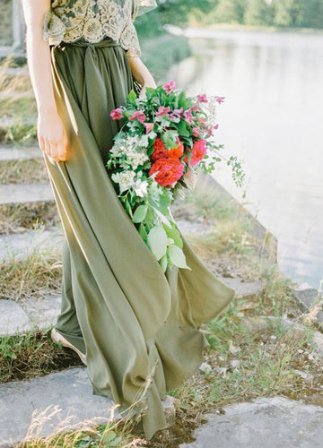 Two Piece Olive Green Long Bridesmaid Dresses Prom Gown