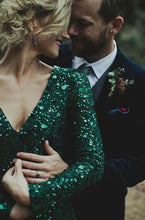 Load image into Gallery viewer, V Neck Dark Green Long Bridesmaid Dresses for Wedding Party