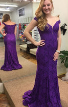 Load image into Gallery viewer, Off the Shoulder Grape Lace Prom Dresses Mermaid