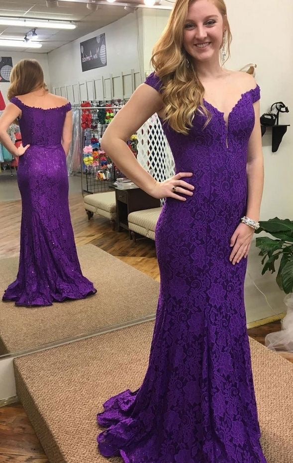 Off the Shoulder Grape Lace Prom Dresses Mermaid