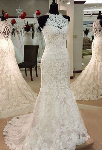 High Neck Mermaid Wedding Dresses Bridal Gown with Appliques