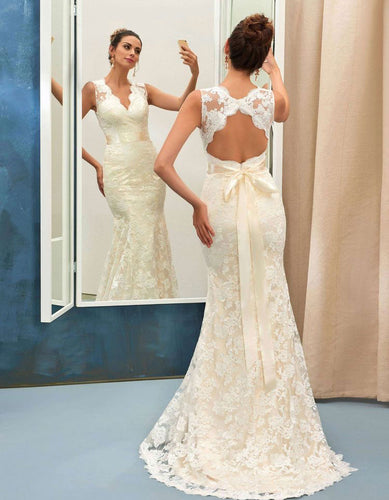 V Neck Mermaid Lace Wedding Dresses Bridal Gown with Sash