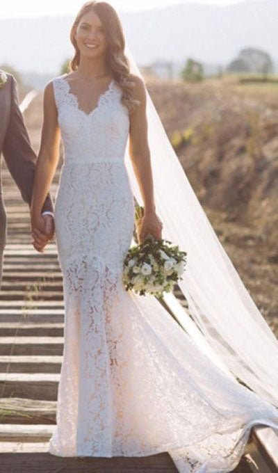 V Neck Lace Wedding Dresses Bridal Gown