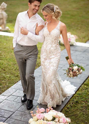 V Neck Mermaid Wedding Dresses Bridal Gown with Appliques