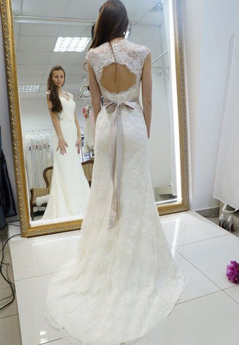 V Neck Lace Open Back Wedding Dresses Bridal Gown with Sash