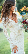 Laden Sie das Bild in den Galerie-Viewer, V Neck Lace Mermaid Wedding Dresses Bridal Gown with Sleeves