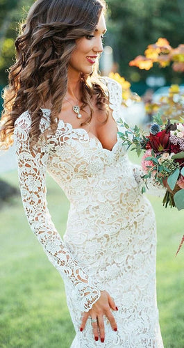 V Neck Lace Mermaid Wedding Dresses Bridal Gown with Sleeves