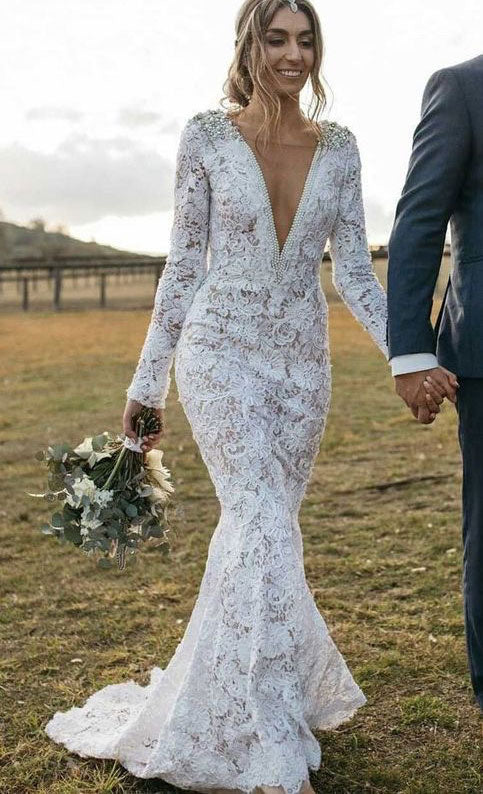 Deep V Neck Mermaid Wedding Dresses Bridal Gown with Sleeves