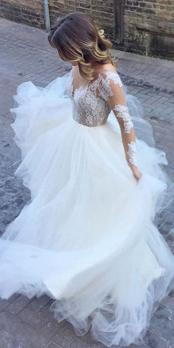 Sheer Neck Tulle Wedding Dresses Bridal Gown with Lace