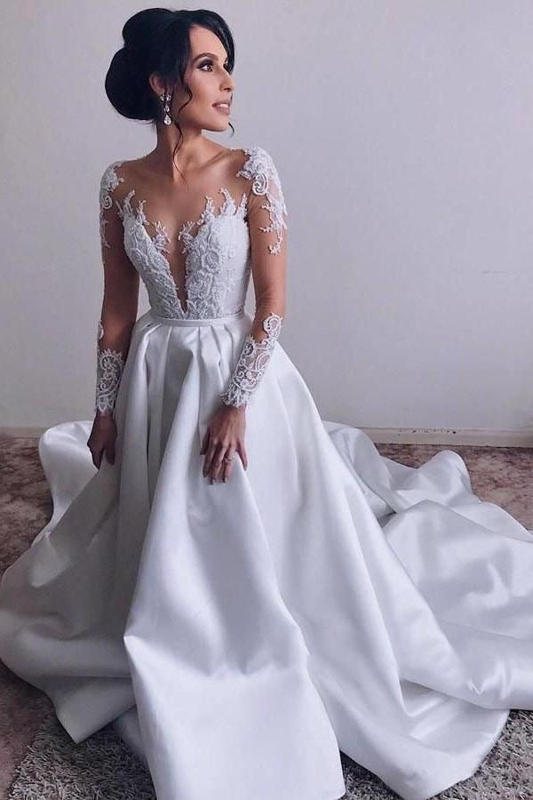 Sheer Neck Long Wedding Dresses Bridal Gown with Appliques