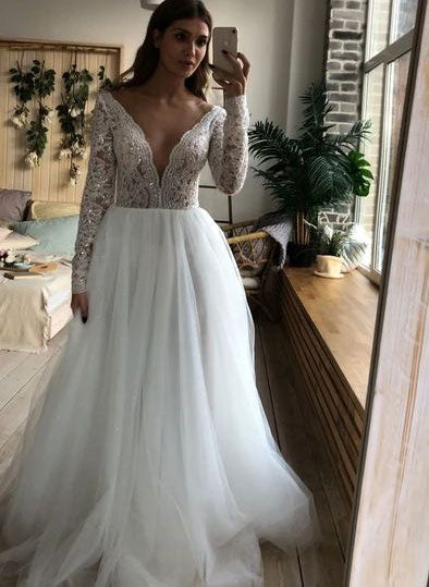 Deep V Neck Wedding Dresses Bridal Gown with Sleeves