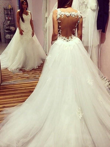 Elegant Backless Wedding Dresses Bridal Gown with Appliques Lace