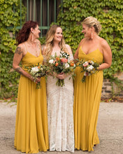 Load image into Gallery viewer, Spaghetti Straps Mustard Yellow Long Bridesmaid Dresses for Wedding Party