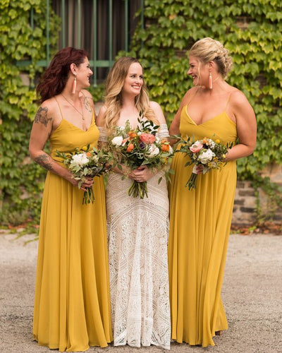 Spaghetti Straps Mustard Yellow Long Bridesmaid Dresses for Wedding Party