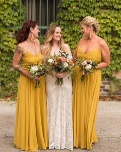 Spaghetti Straps Mustard Yellow Long Bridesmaid Dresses for Wedding Party