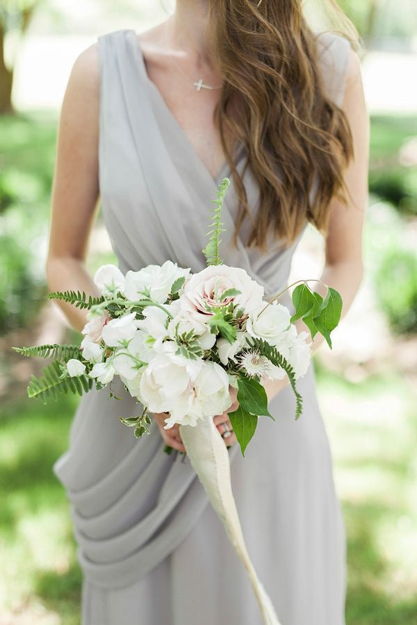 V Neck Light Grey Floor Length Bridesmaid Dresses Under 100