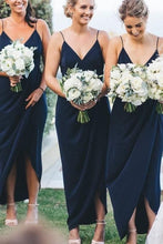 Load image into Gallery viewer, Navy Blue Spagehtti Straps Slit Bridesmaid Dresses