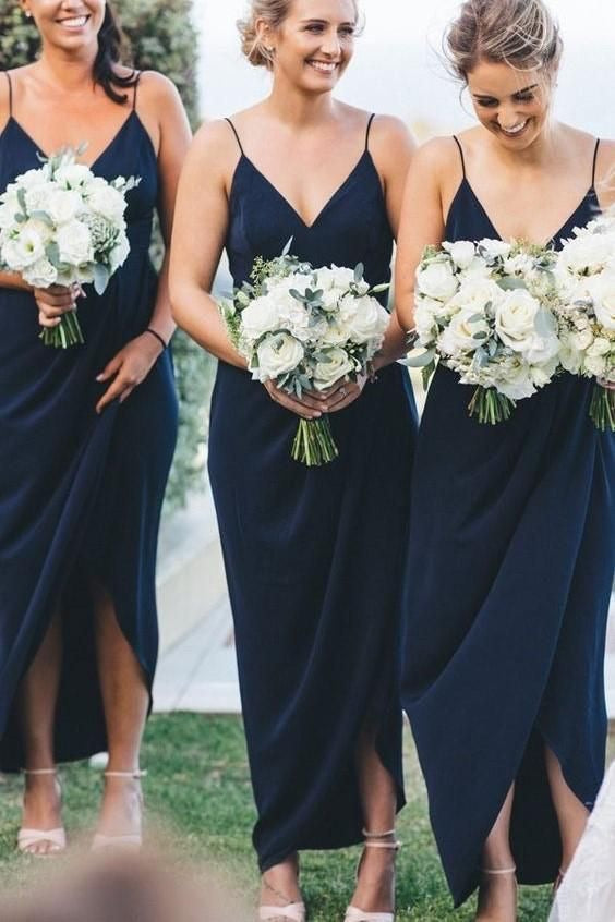 Navy Blue Spagehtti Straps Slit Bridesmaid Dresses