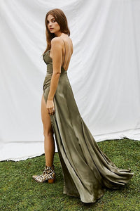 Spaghetti Straps Olive Green Slit Prom Dresses