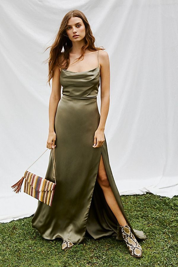 Spaghetti Straps Olive Green Slit Prom Dresses