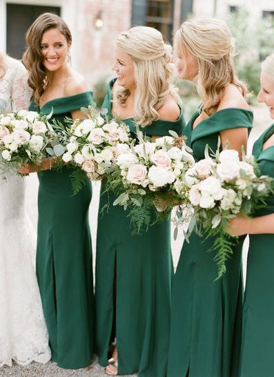 Off the Shoulder Green Slit Side Bridesmaid Dresses