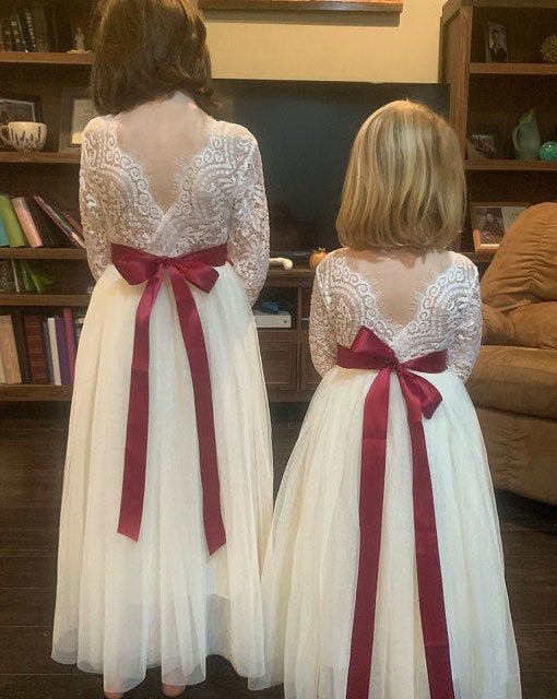 Ivory Floor Length Flower Girl Dresses with Sash