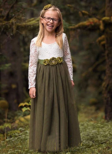 Olive Green Floor Length Flower Girl Dresses with Sleeves