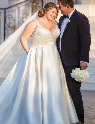 Plus Size V Neck Wedding Dresses Bridal Gown with Beading