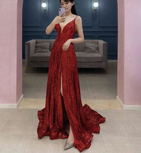 Charger l&#39;image dans la galerie, Spaghetti Straps Prom Dresses Slit Evening Gown