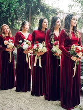 Load image into Gallery viewer, Burgundy Long Vevet Bridesmaid Dresses