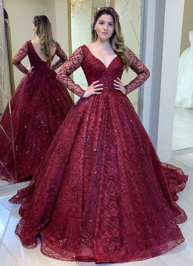 V Neck Prom Dresses Princess Dress with Sleeves