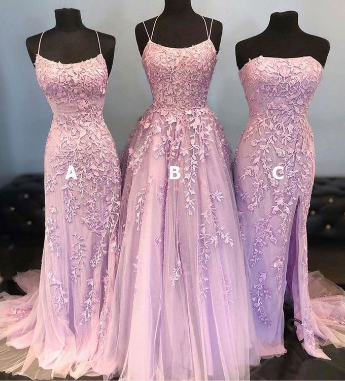 Light Lavender Tulle Prom Dresses with Appliques