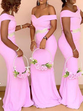 Load image into Gallery viewer, Off the Shoulder Pink Bridesmaid Dresses