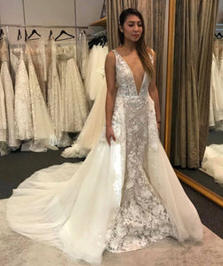 Deep V Neck Mermaid Wedding Dresses Bridal Gown with a Detachable Skirt