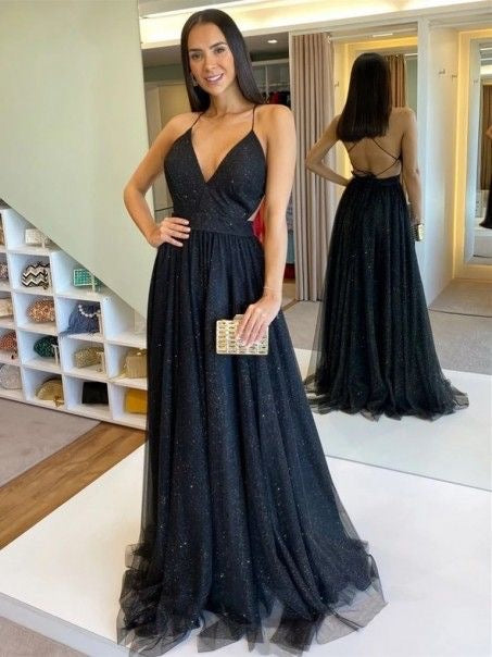 Spaghetti Straps Black Prom Dresses for Women HJ55